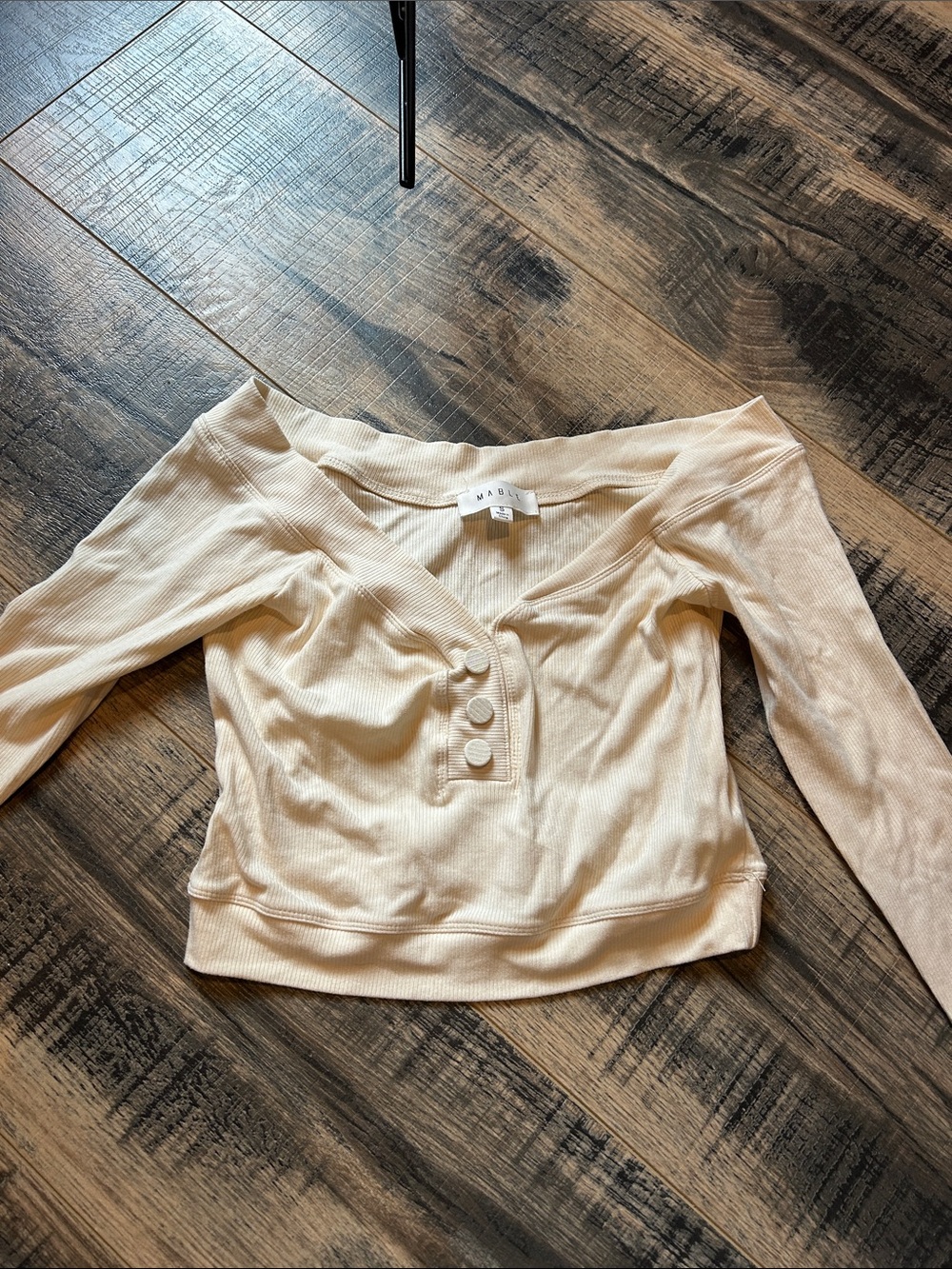 Washed Cream Off-Shoulder Ribbed Crop Top with Button Detail
